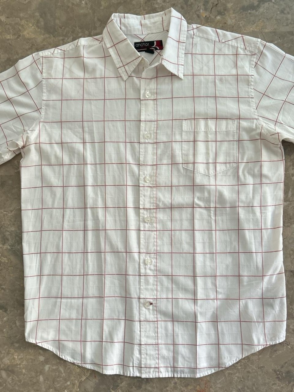 Anchor Blue Windowpane Plaid Short Sleeve Button Shirt Men’s L White 23x30.5